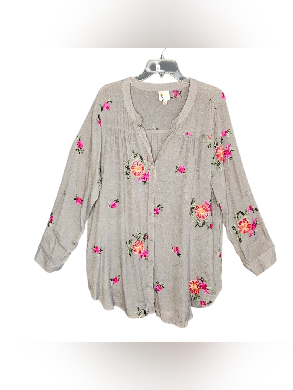 Fig & Flower Embroidered Floral Fairy Boho Lagenlook Tunic Crepe Top Sz 2X